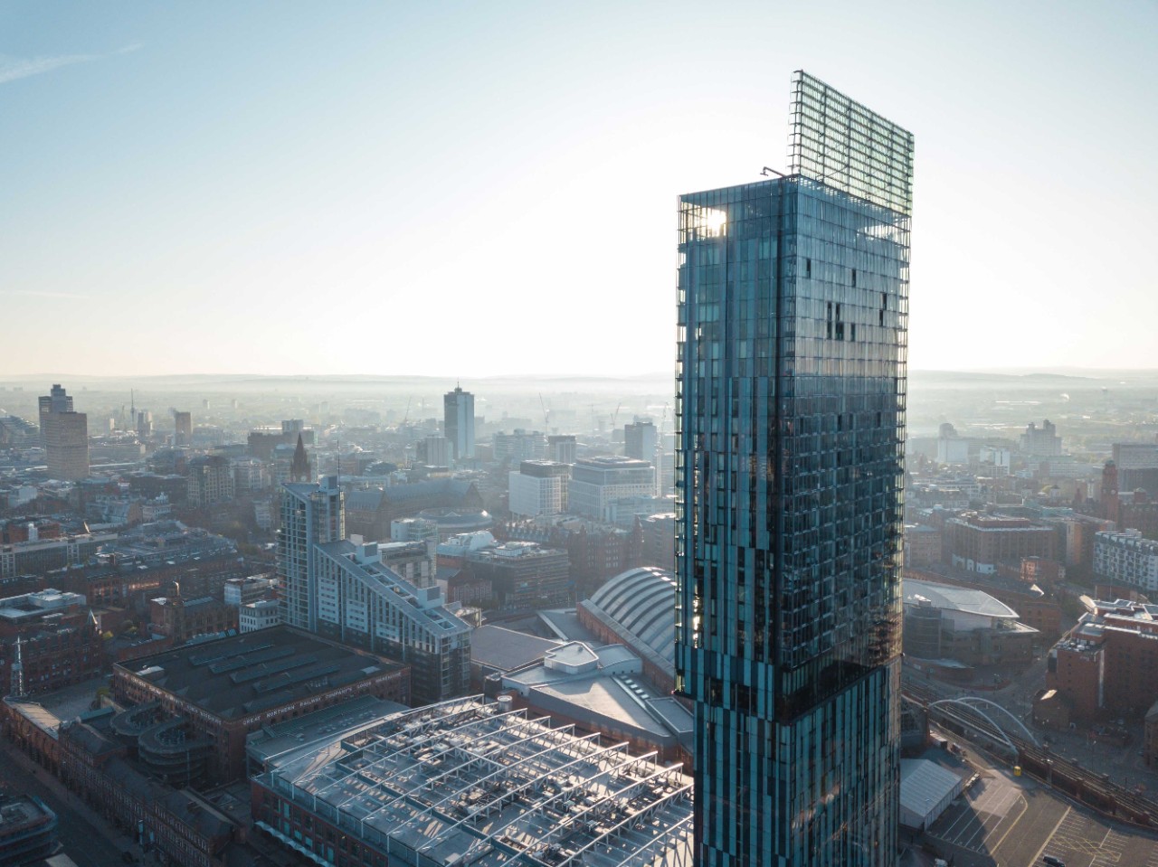 Manchester City Centre Drone Aerial View Above Building Work Skyline Construction Blue Sky Summer