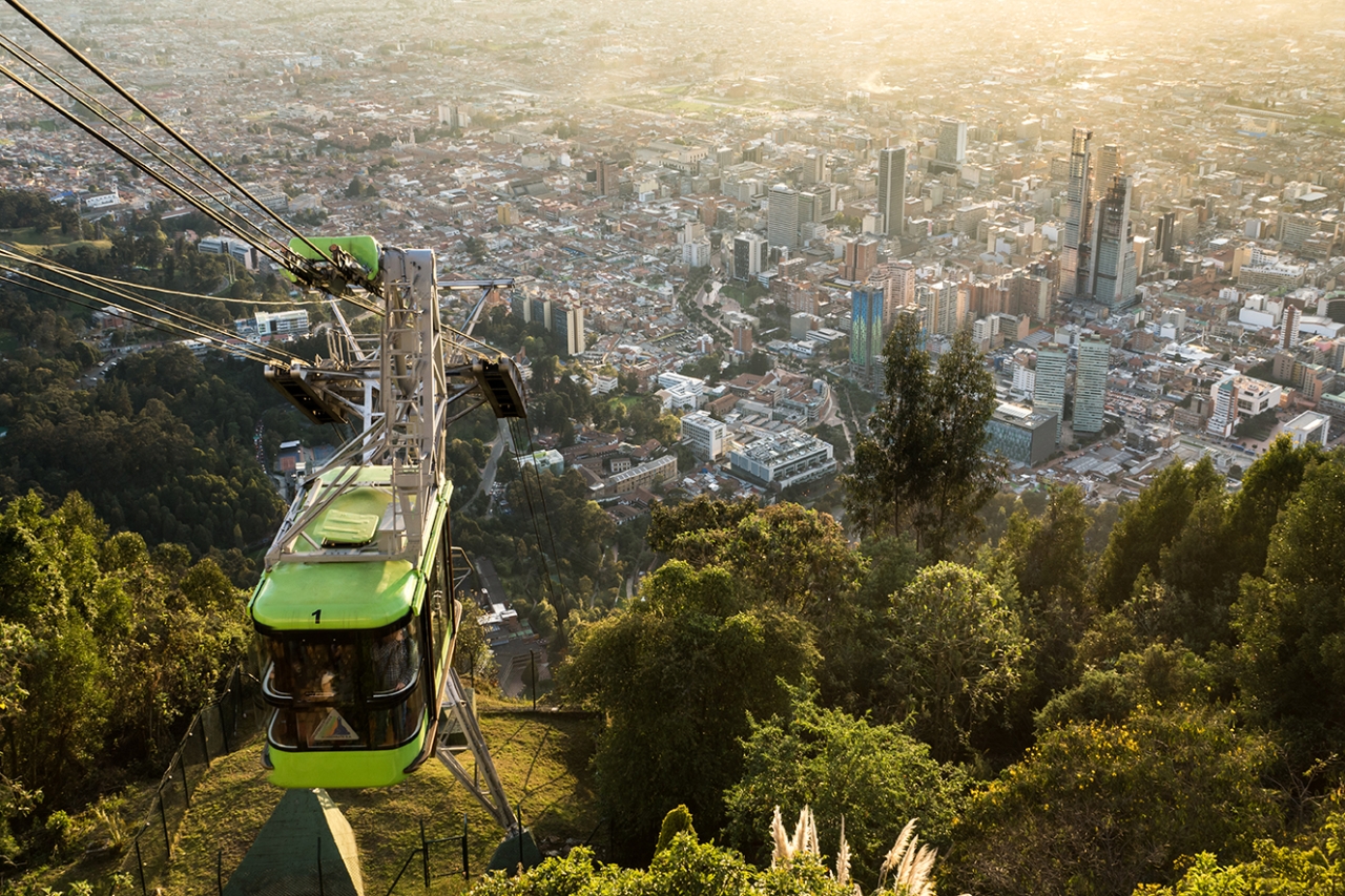 Furnicular to Monserrat in Bogota with skyscrapers in the backgr